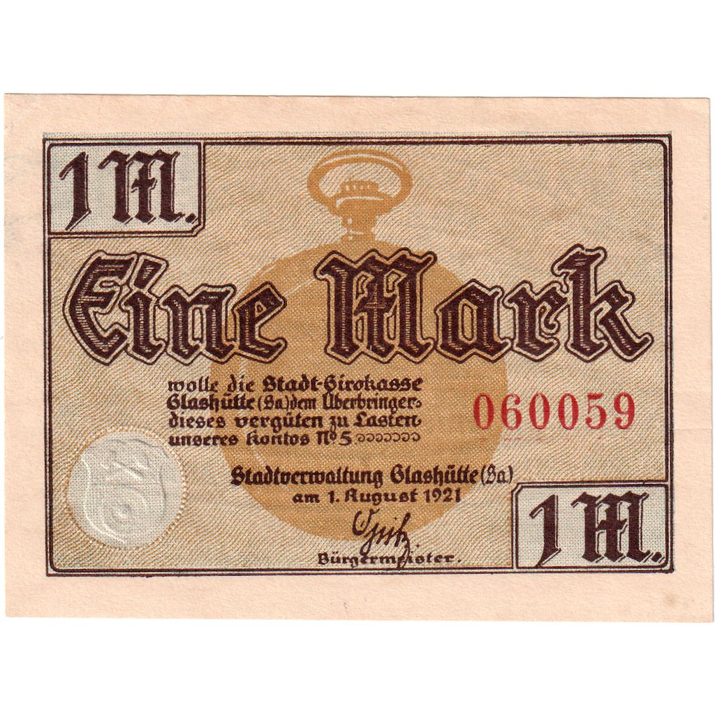 Duitsland, Glashutte, 1 Mark, 1921-08-01, SUP+