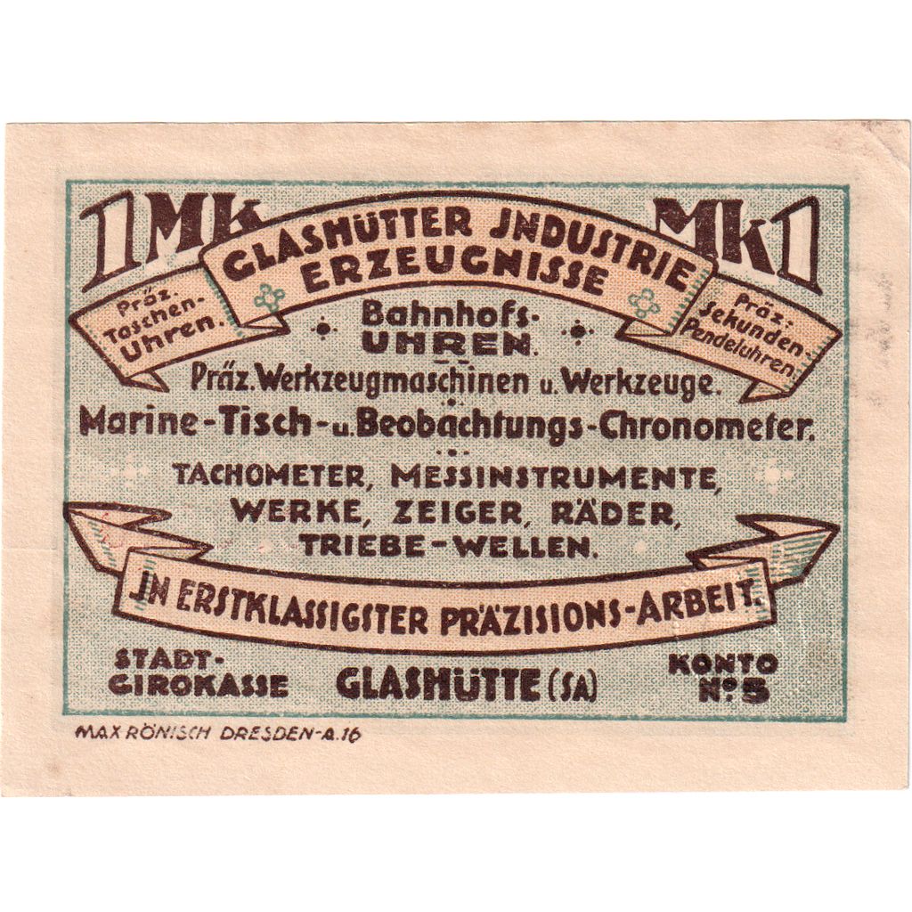 Duitsland, Glashutte, 1 Mark, 1921-08-01, SUP+