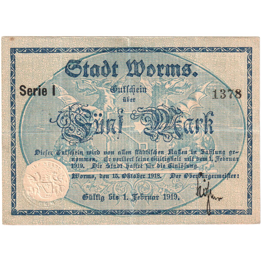 Duitsland, Worms, 5 Mark, 1919-02-01, TTB