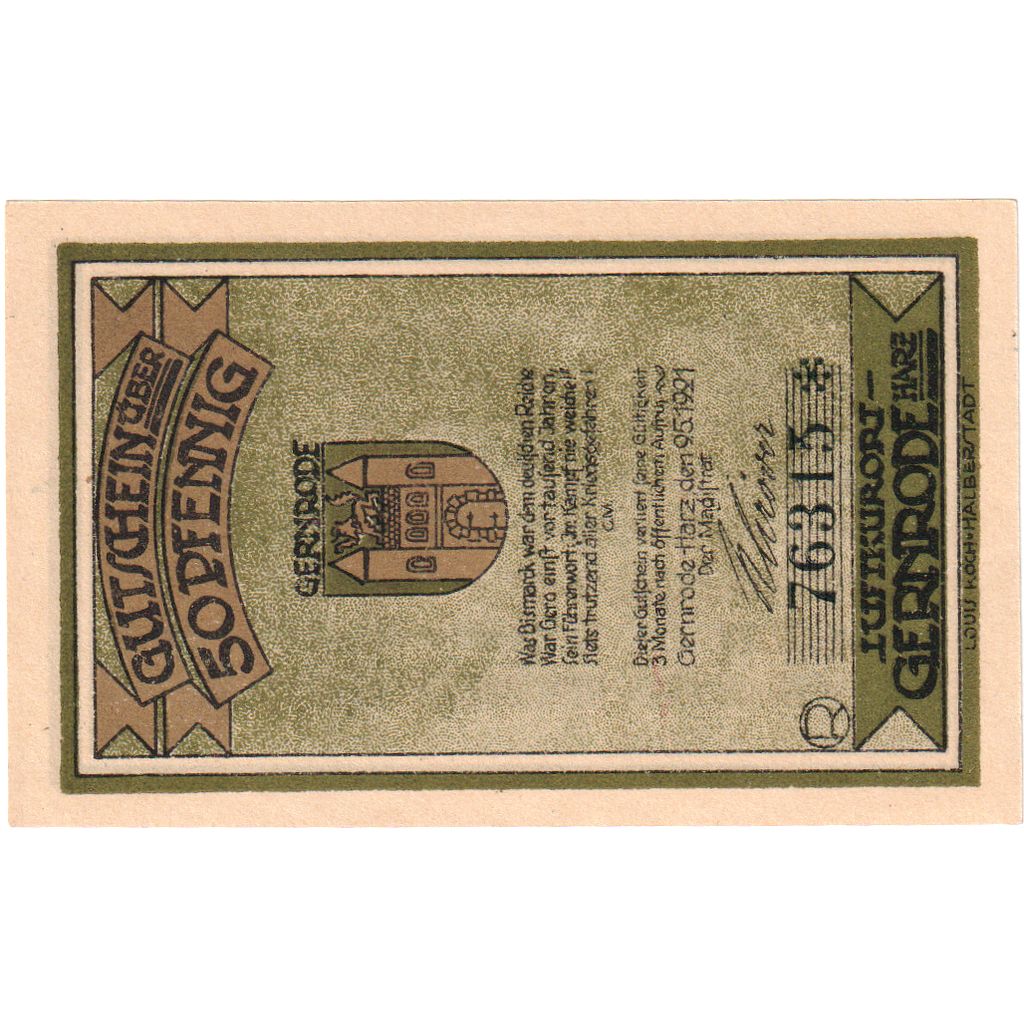 Duitsland, Gernrode-Harz, 50 Pfennig, 1921-05-09, SPL