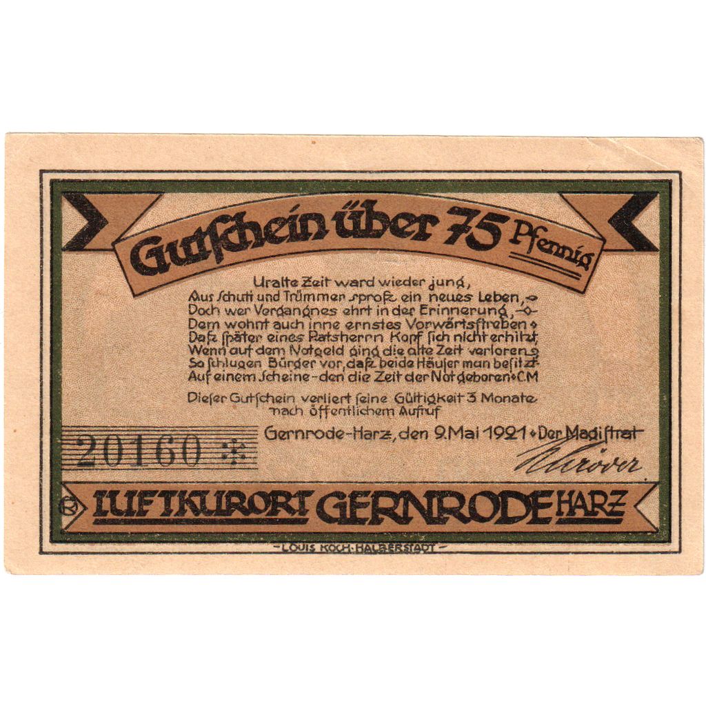 Alemania, Gernrode-Harz, 75 Pfennig, 1921-05-09, SC