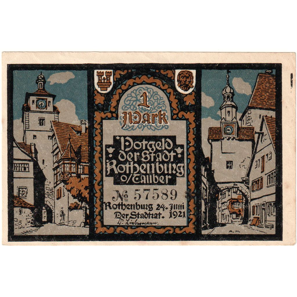 Germany, Rothenburg, 1 Mark, 1921-06-24, AU(55-58)