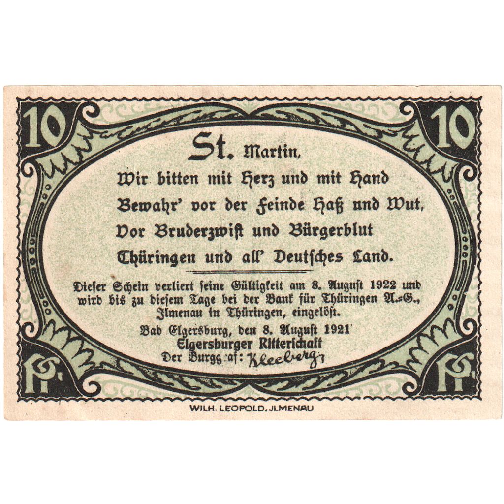 Germania, Elgersburg, 10 Pfennig, 1921-08-08, SPL