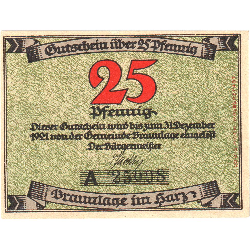 Niemcy, Braunlage, 25 Pfennig, 1921-12-31, UNC(63)