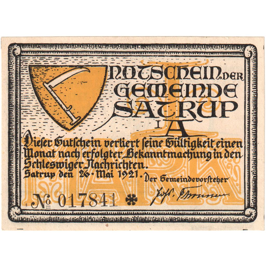 Germania, Satrup, 1 Mark, 1921-05-26, SPL