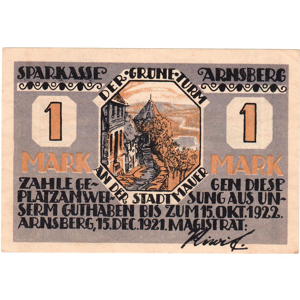 Germany, Arnsberg, 1 Mark, 1922-10-15, UNC(63)