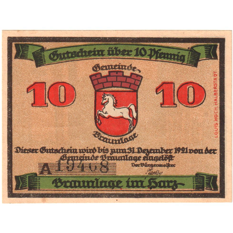Germany, Braunlage, 10 Pfennig, 1921-12-31, UNC(63)
