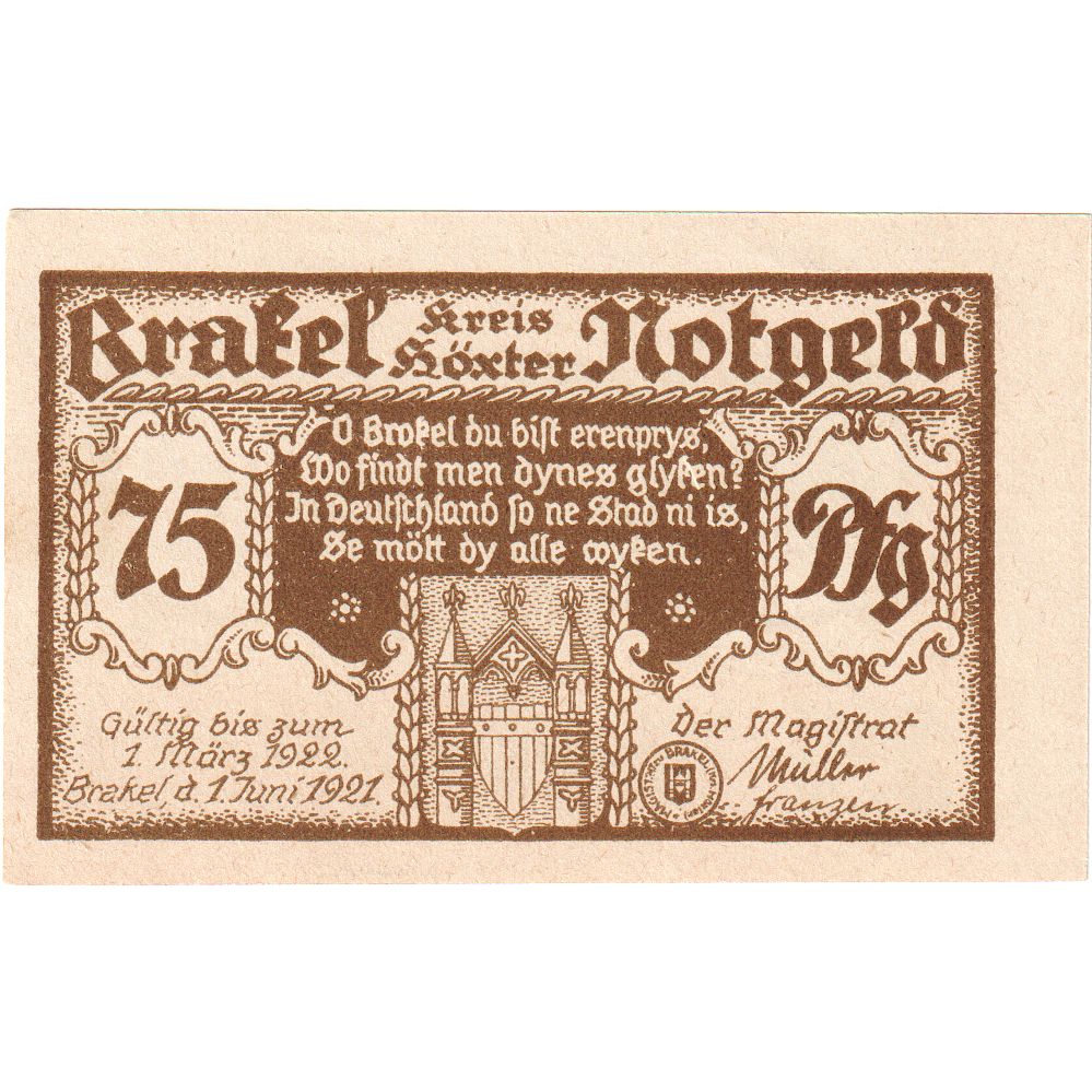 Germany, Brakel, 75 Pfennig, 1922-03-01, UNC(63)