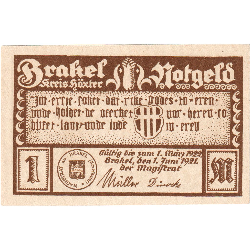 Germany, Brakel, 1 Mark, 1922-03-01, UNC(63)