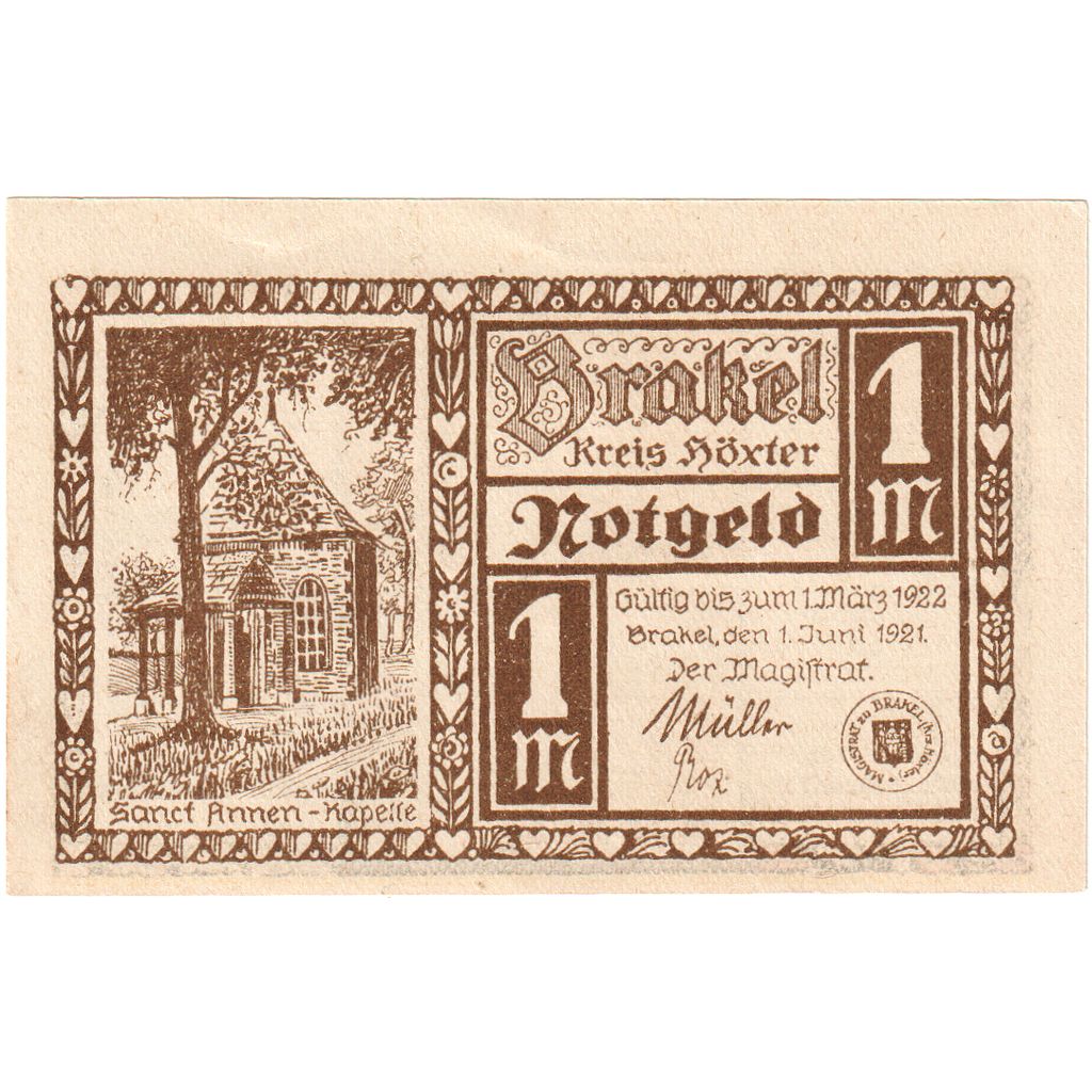 Germany, Brakel, 1 Mark, 1922-03-01, UNC(63)