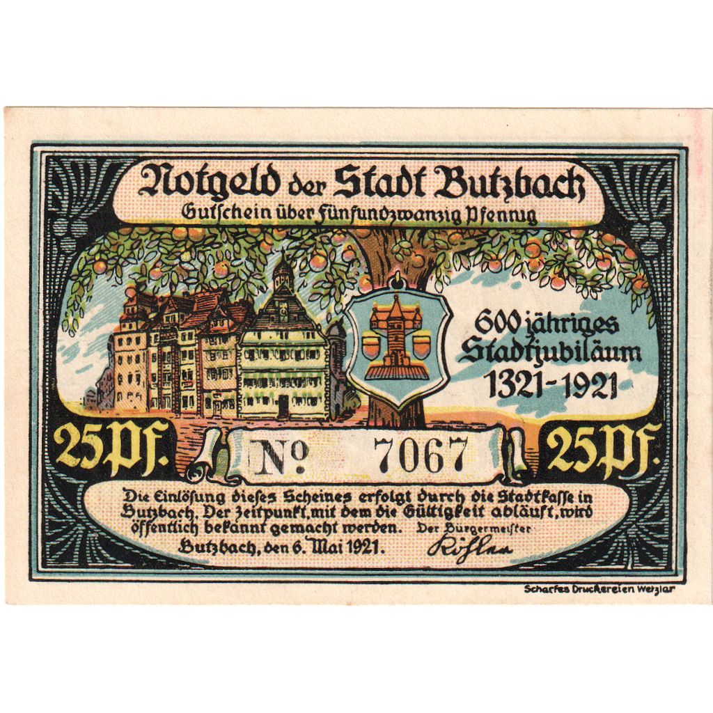 Niemcy, Butzbach, 25 Pfennig, 1921-05-06, UNC(63)