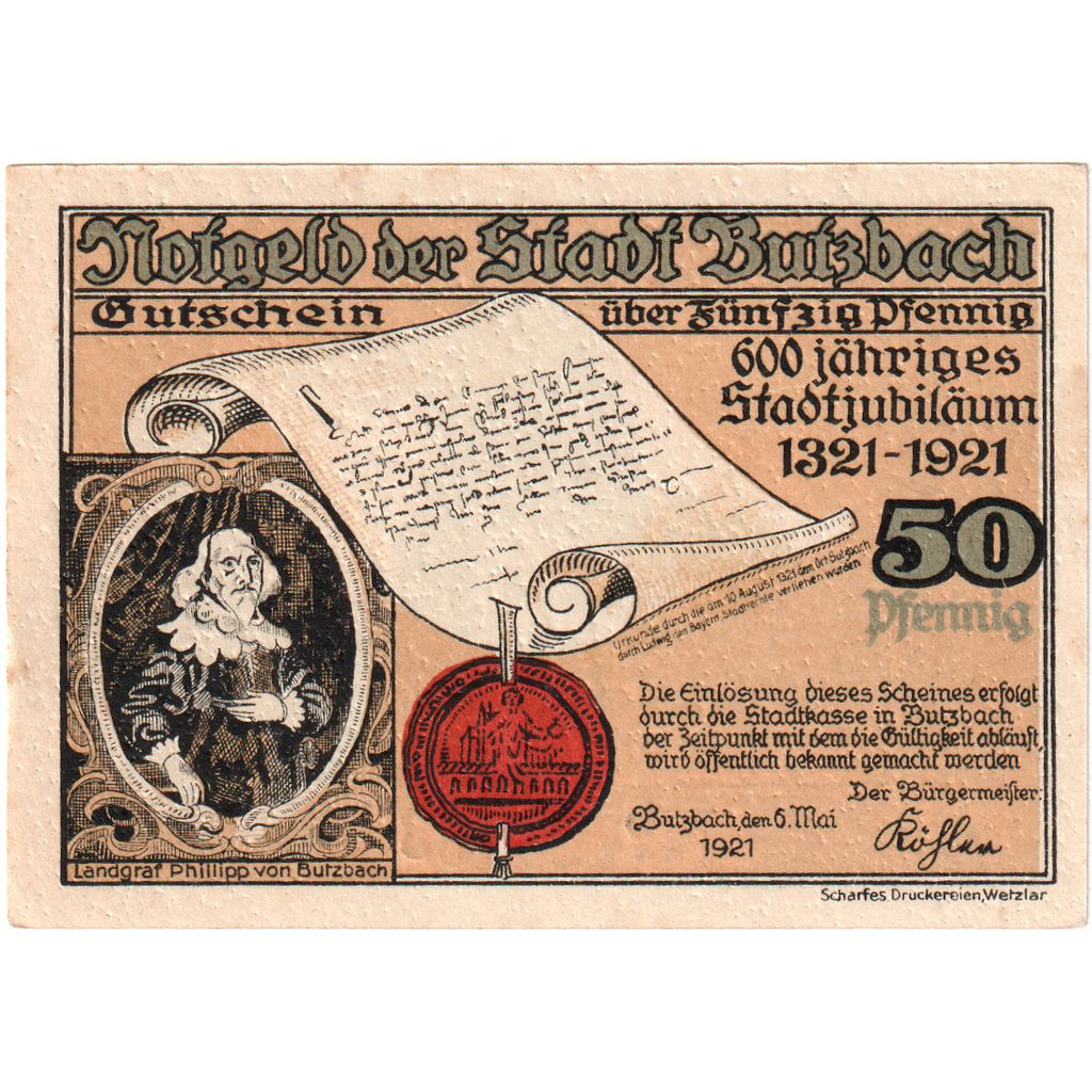 Germany, Butzbach, 50 Pfennig, 1921-05-06, EF(40-45)