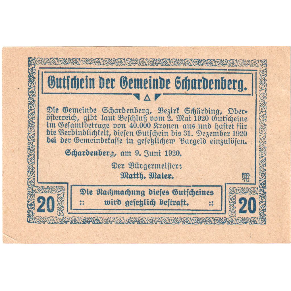 Austria, Schardenberg, 20 Heller, 1920-12-31, SC
