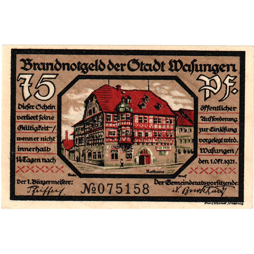 Germania, Wasungen, 75 Pfennig, 1921-10-01, SPL
