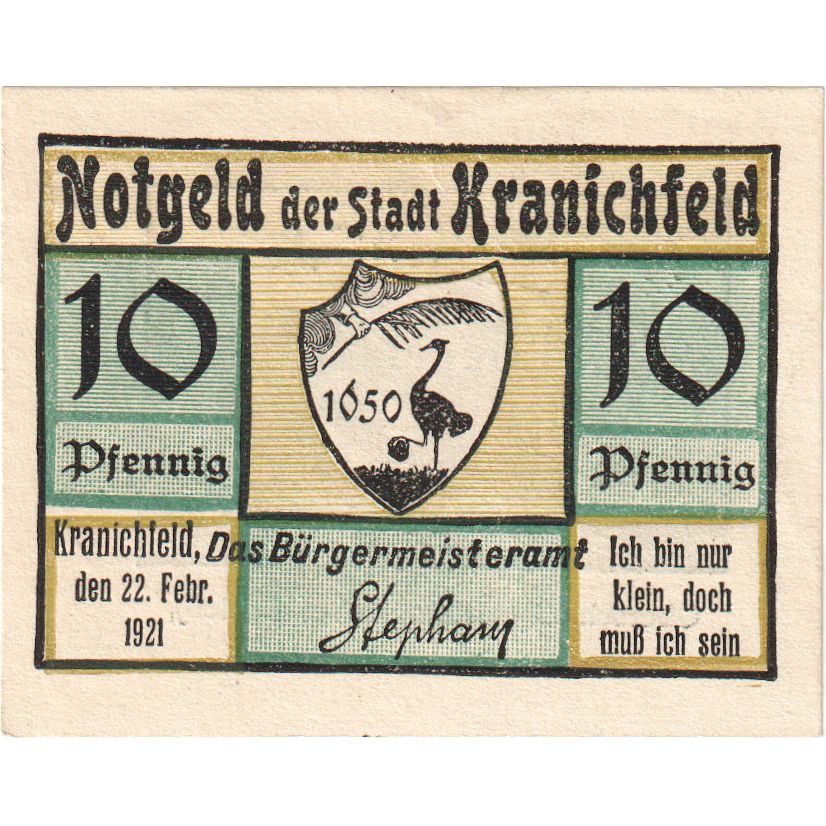 Germania, Kranichfeld, 10 Pfennig, 1921-02-22, SPL