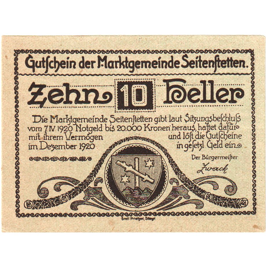 Austria, Seitenstetten, 10 Heller, UNC(63)