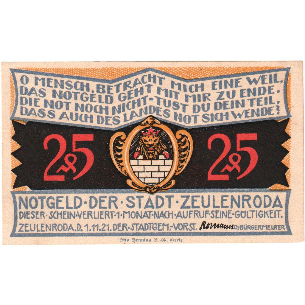 Germany, Zeulenroda, 25 Pfennig, 1921-11-01, UNC(63)