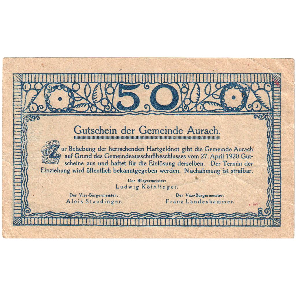 Austria, Aurach, 50 Heller, 1920-04-27, MBC