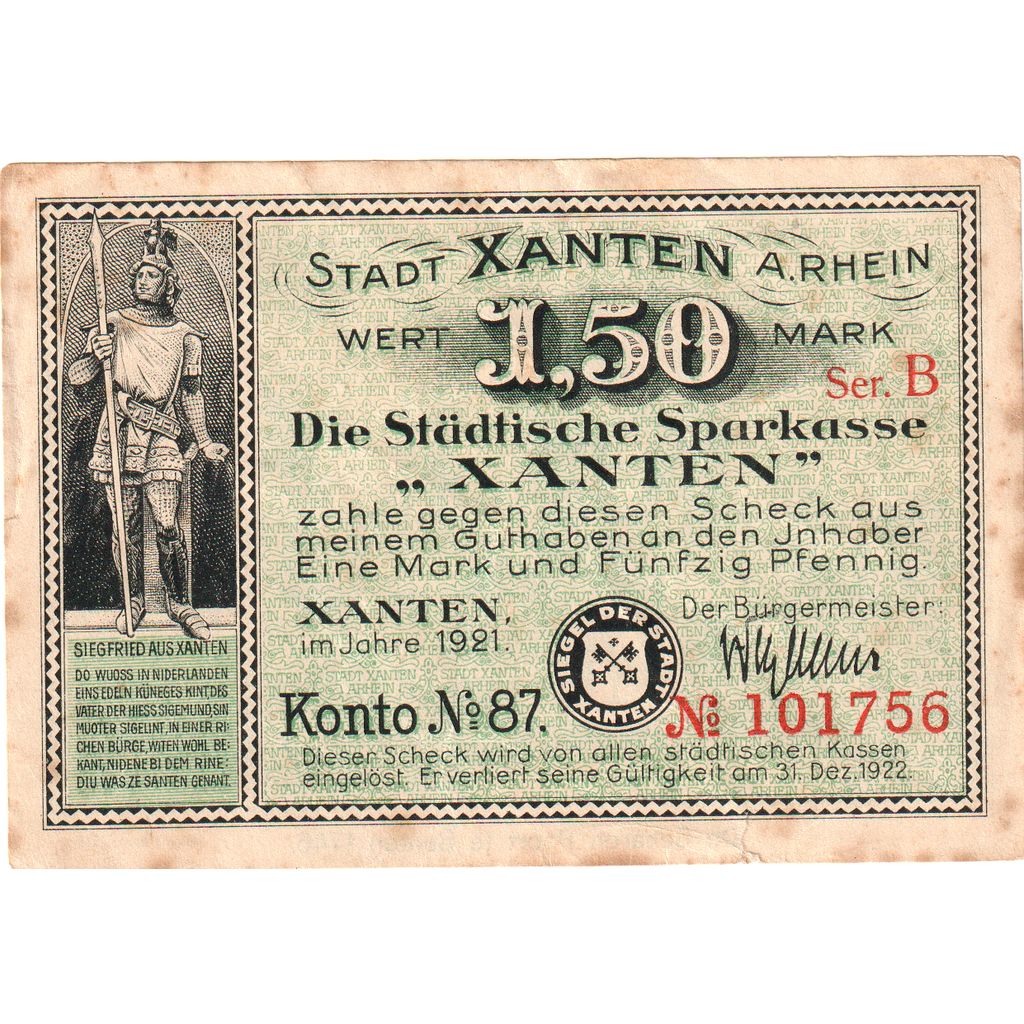 Allemagne, Xanten, 1.5 Mark, 1921-12-31, TTB
