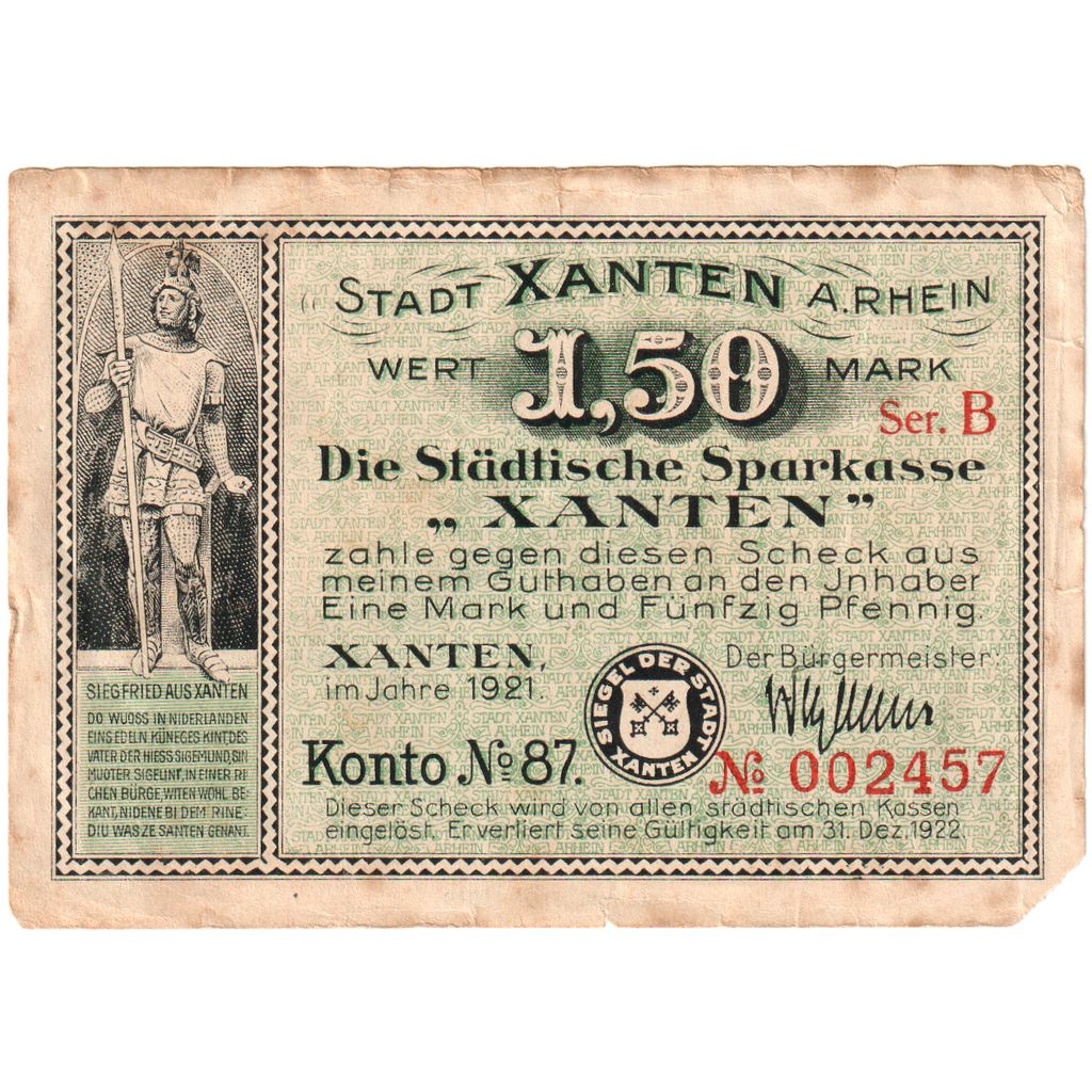 Allemagne, Xanten, 1.5 Mark, 1921-12-31, TB