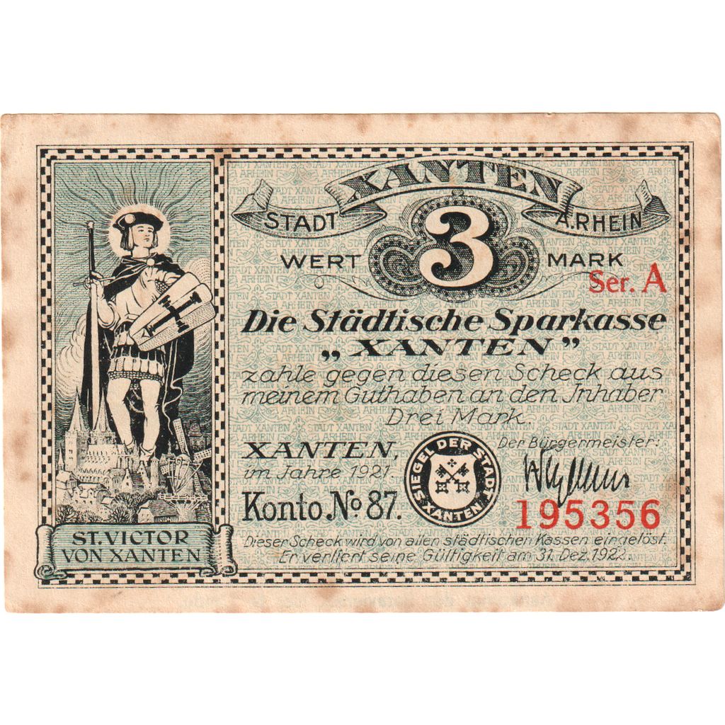 Allemagne, Xanten, 3 Mark, 1921-12-31, TB
