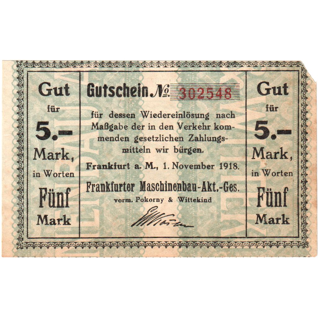 Allemagne, Frankfurt am Main, 5 Mark, 1918-11-01, TTB