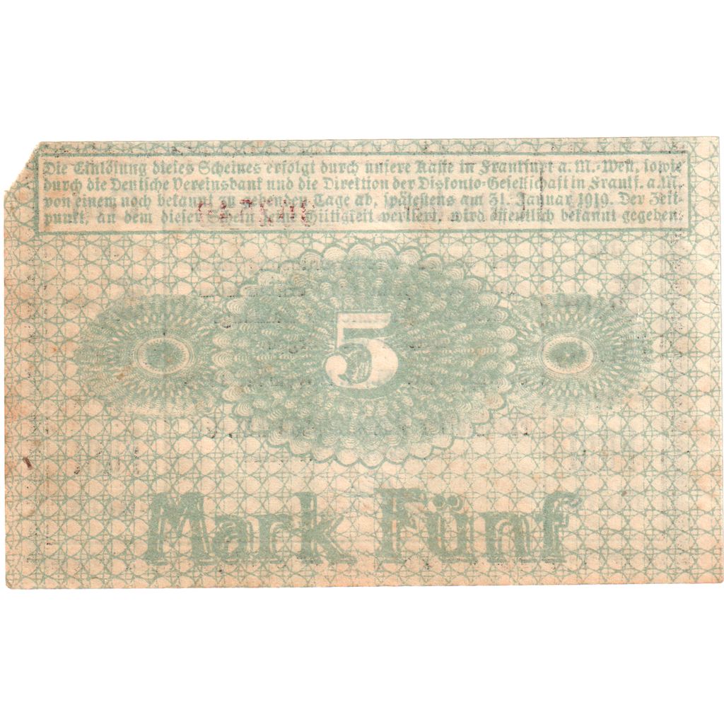Allemagne, Frankfurt am Main, 5 Mark, 1918-11-01, TTB