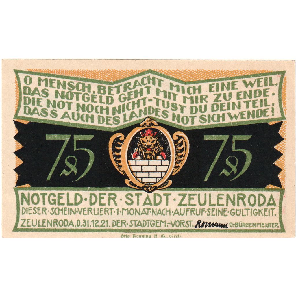Allemagne, Zeulenroda, 75 Pfennig, 1921-12-31, SPL