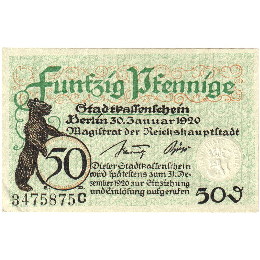 Allemagne, Berlin, 50 Pfennig, 1920-01-30, SPL