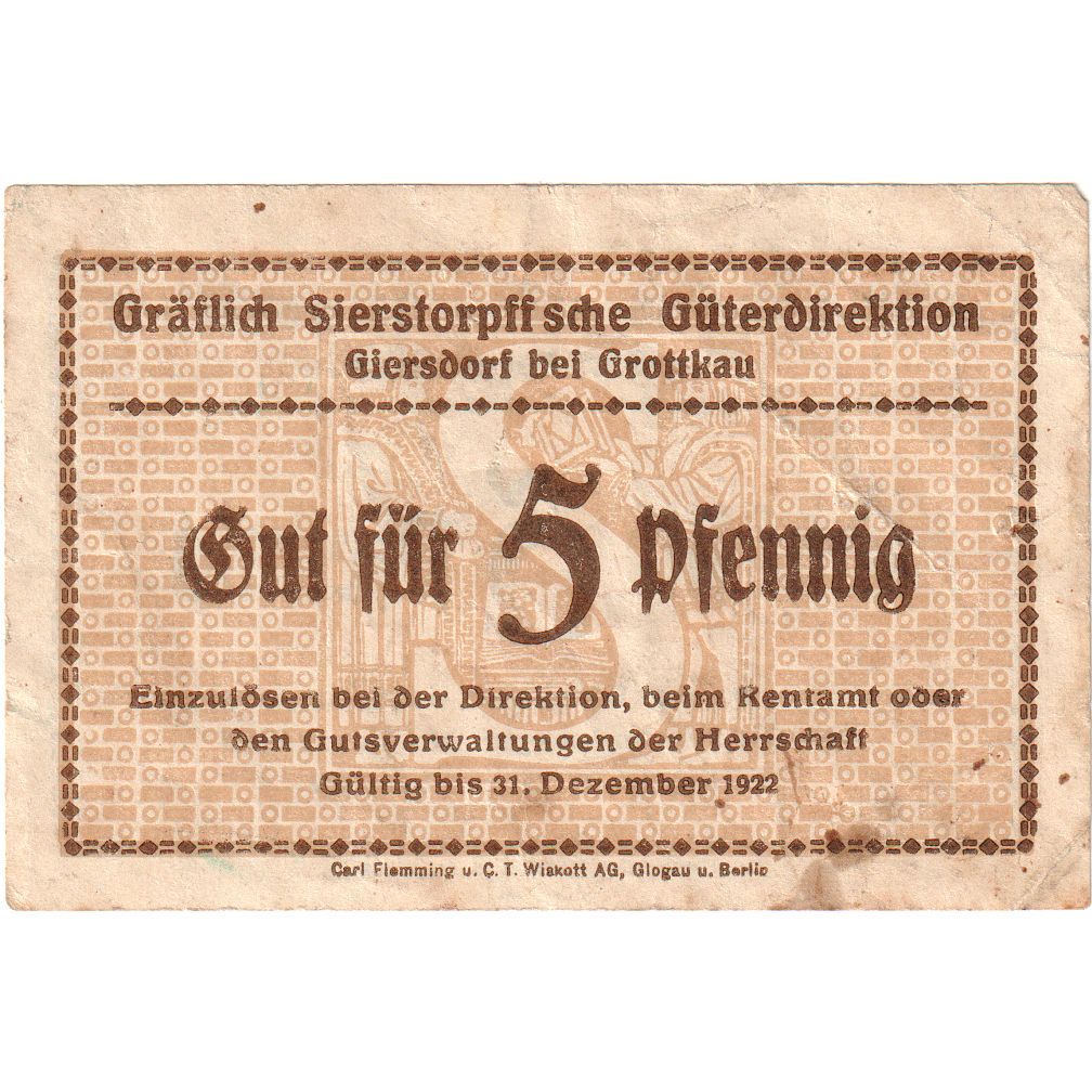 Duitsland, Giersdorf, 5 Pfennig, 1922-12-31, TB