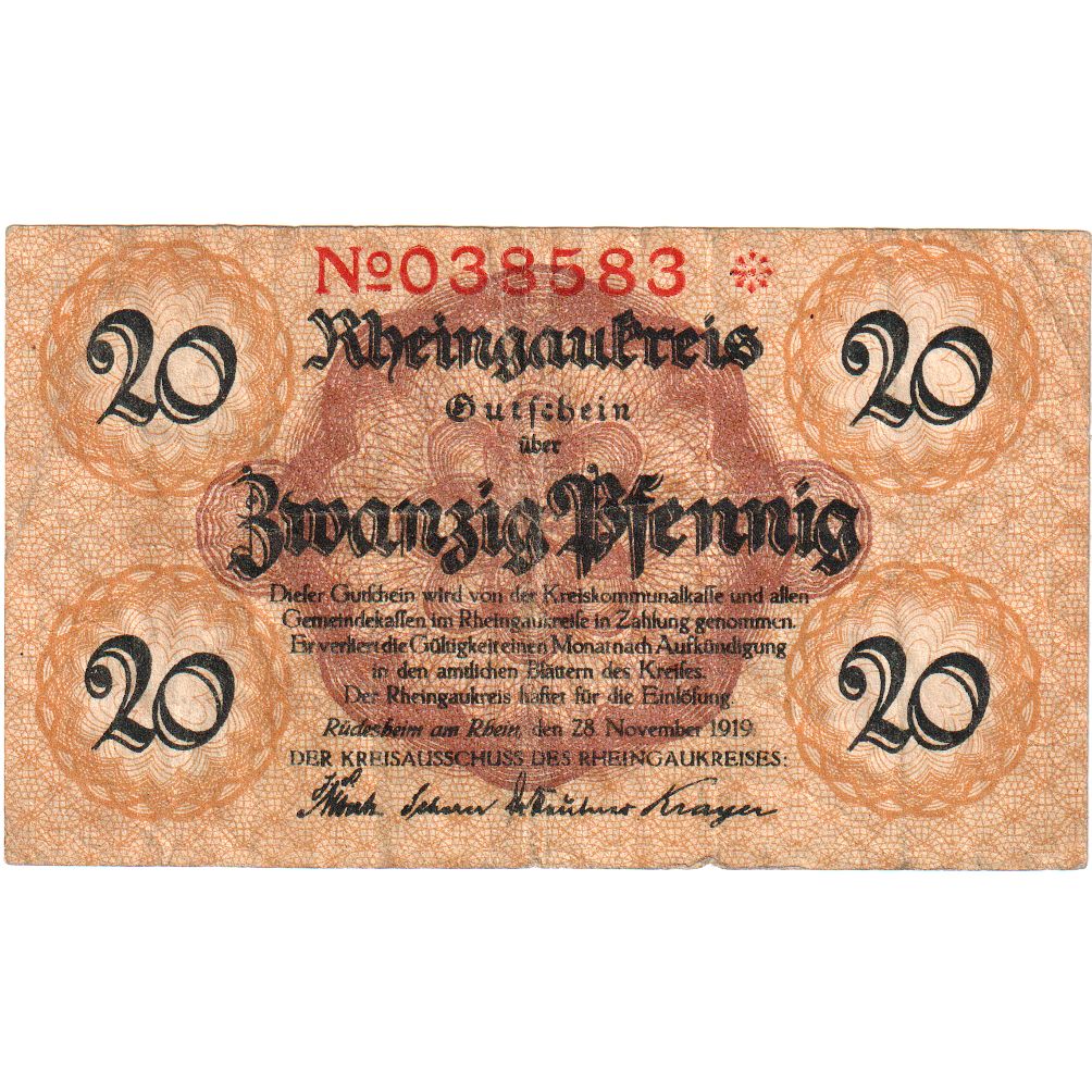 Duitsland, Rheingaukreis, 20 Pfennig, 1919-11-28, TB+
