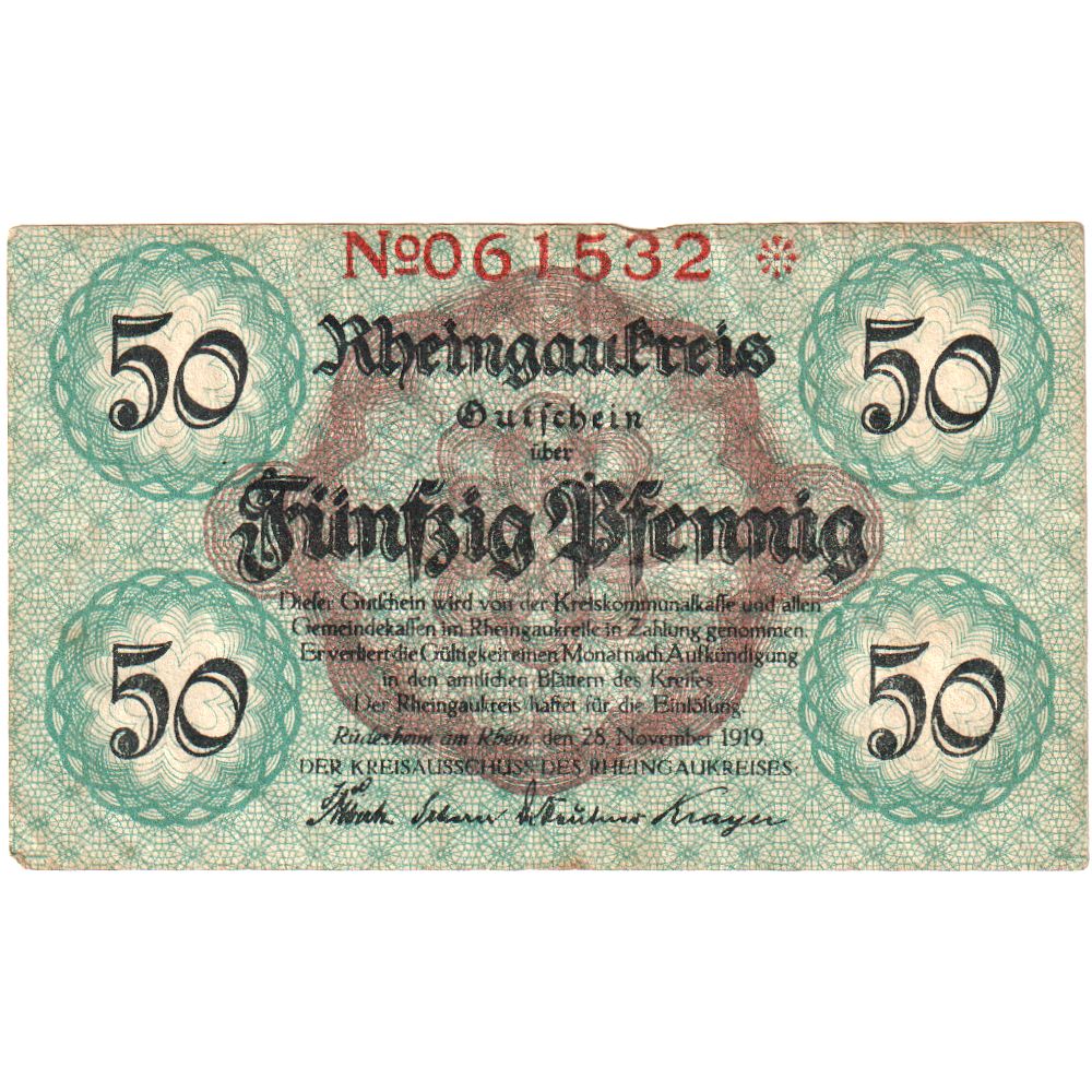 Allemagne, Rheingaukreis, 50 Pfennig, 1919-11-28, TTB