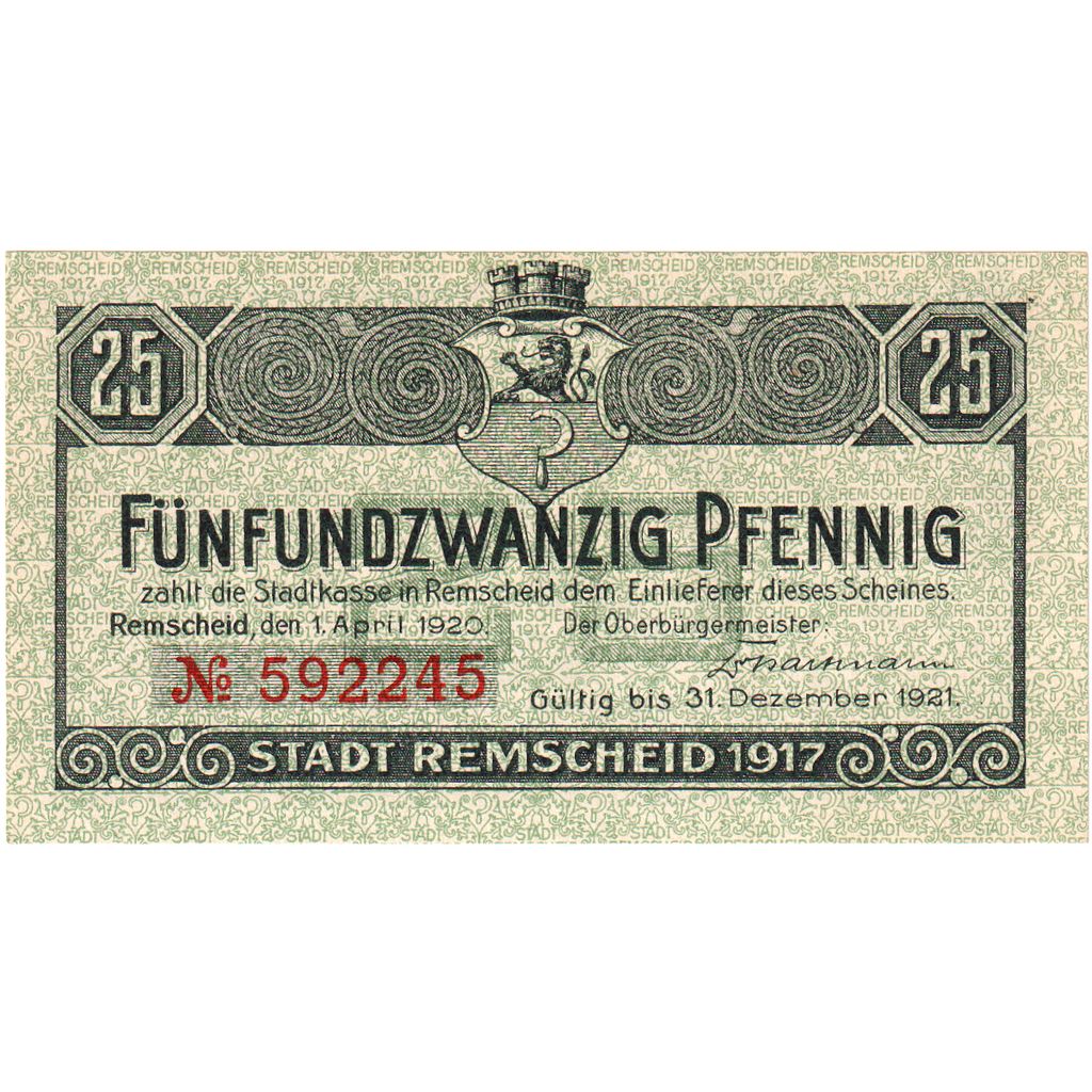 Allemagne, Remscheid, 25 Pfennig, 1921-12-31, SPL