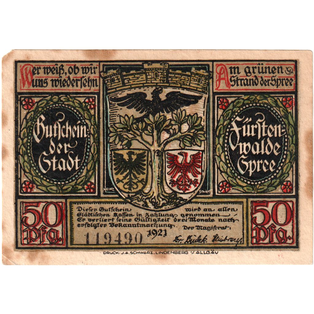 Allemagne, Fürstenwalde, 50 Pfennig, TB