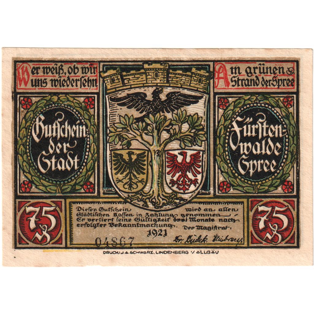 Allemagne, Fürstenwalde, 75 Pfennig, SUP