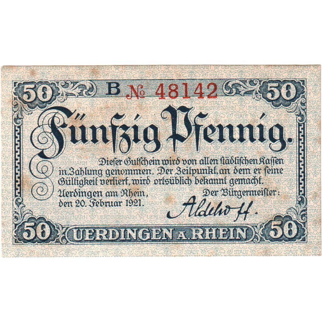 Deutschland, Verdingen A. Rhein, 50 Pfennig, 1921-02-20, S