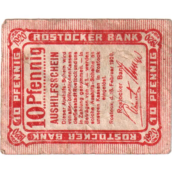 Allemagne, Rostocker, 10 Pfennig, 1921-03-31, TB