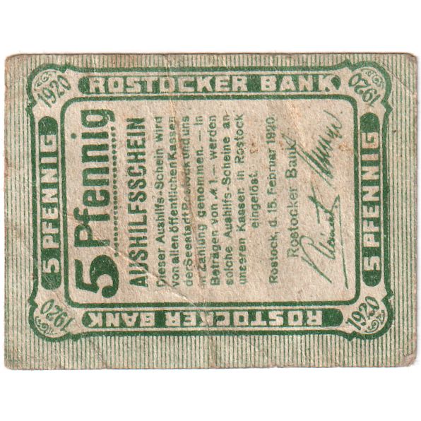 Allemagne, Rostocker, 5 Pfennig, 1921-03-31, TB