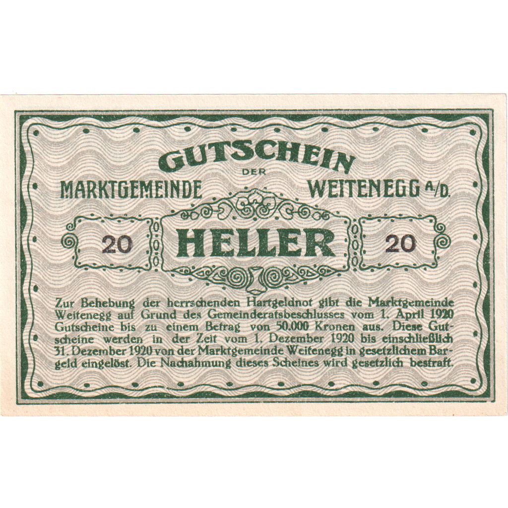 Austria, Weitenegg an der Donau, 20 Heller, 1920-12-31, SPL