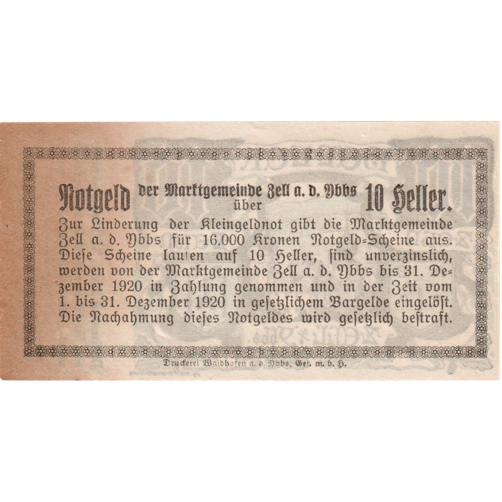 Austria, Zell a/d Ybbs, 10 Heller, 1920-12-31, AU(55-58)
