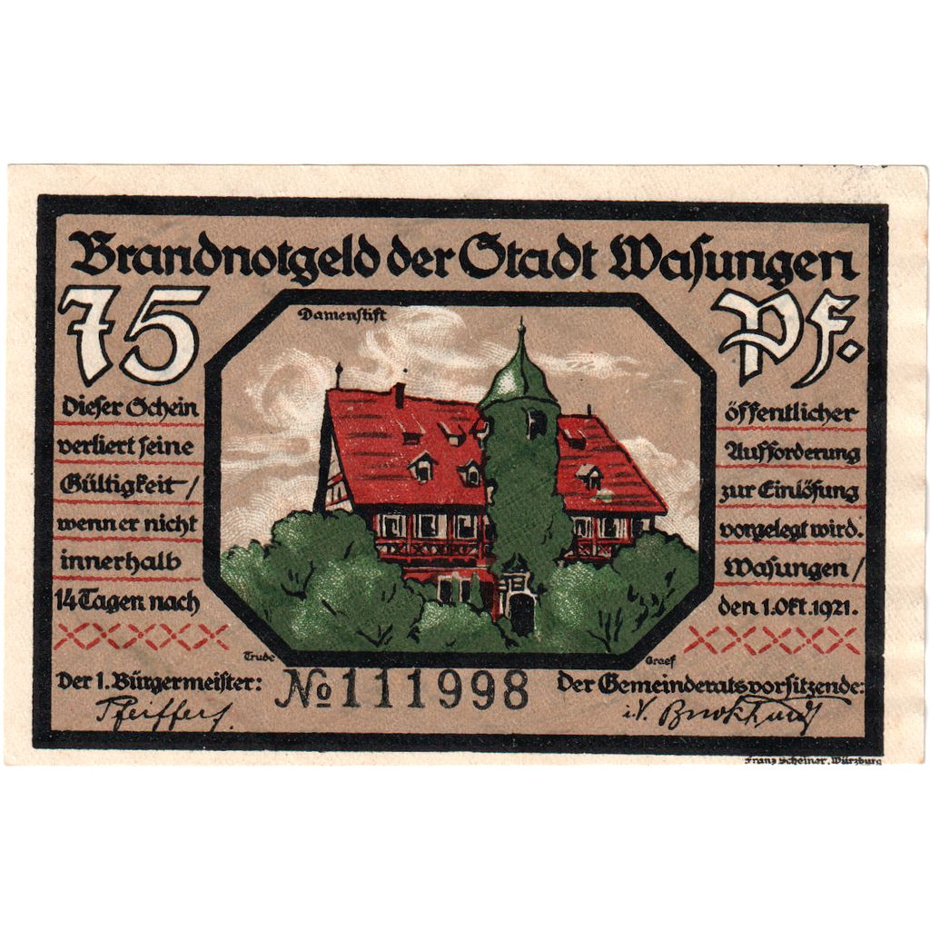 Germania, Wasungen, 75 Pfennig, 1921-10-01, SPL