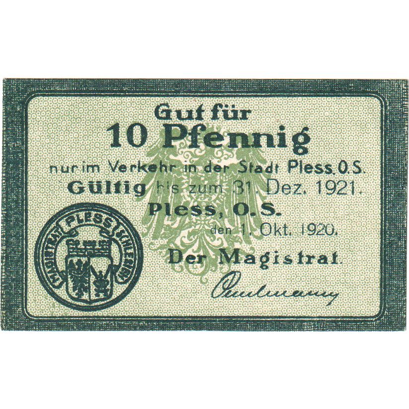 Germania, Pless, 10 Pfennig, 1921-12-31, SPL