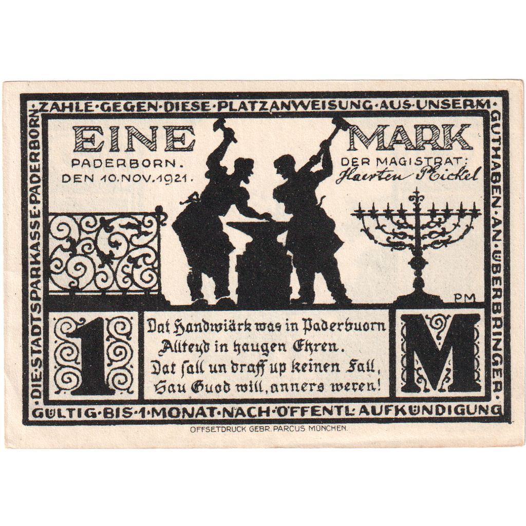 Alemania, Paderborn, 1 Mark, 1921-11-10, SC
