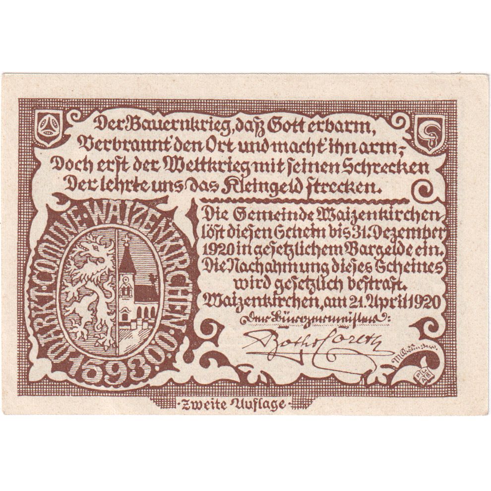 Austria, Waizenkirchen, 50 Heller, 1920-12-31, SPL