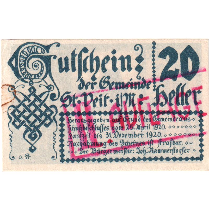 Austria, St Veit, 20 Heller, 1920-12-31, BB