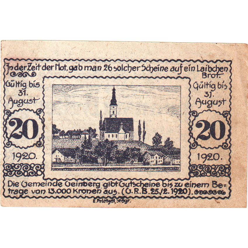 Austria, Geinberg, 20 Heller, 1920-08-31, EF(40-45)