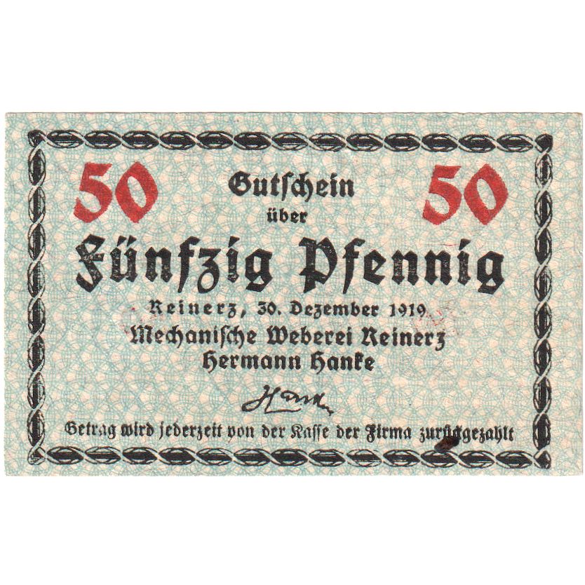 Germania, Reinerz, 50 Pfennig, 1919-12-30, SPL
