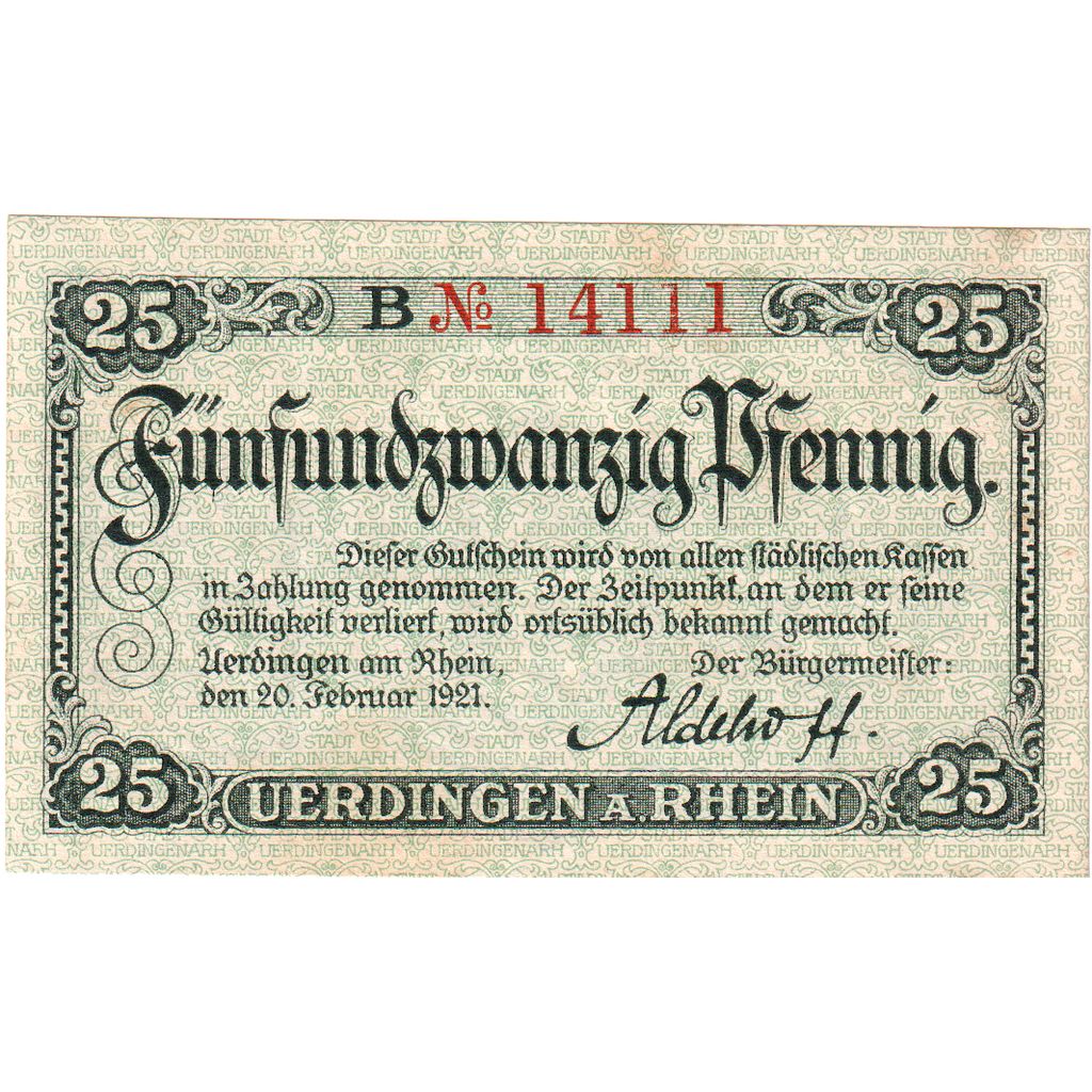Germania, Uerdingen, 25 Pfennig, 1921-02-20, SPL