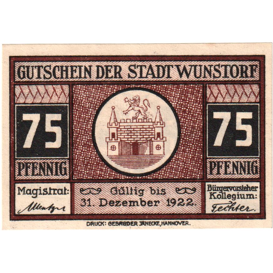 Germania, Wunstorf, 75 Pfennig, 1922-12-31, SPL