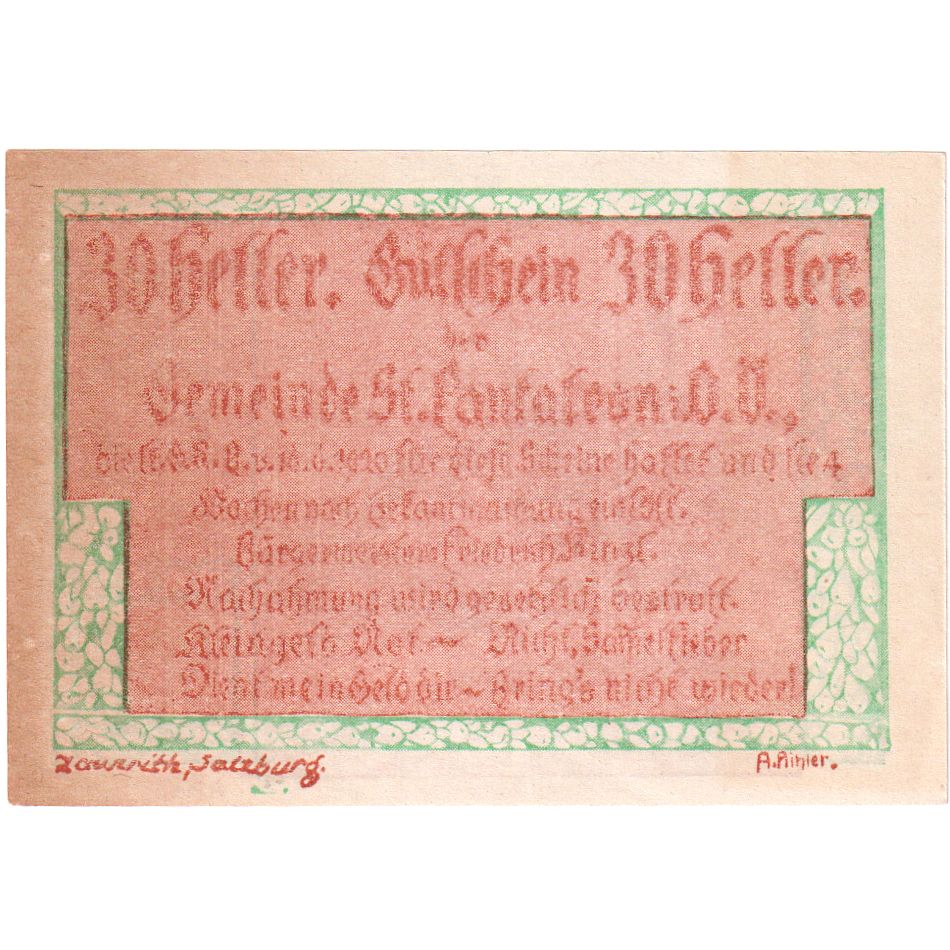 Áustria, St Pantaleon, 30 Heller, UNC(63)